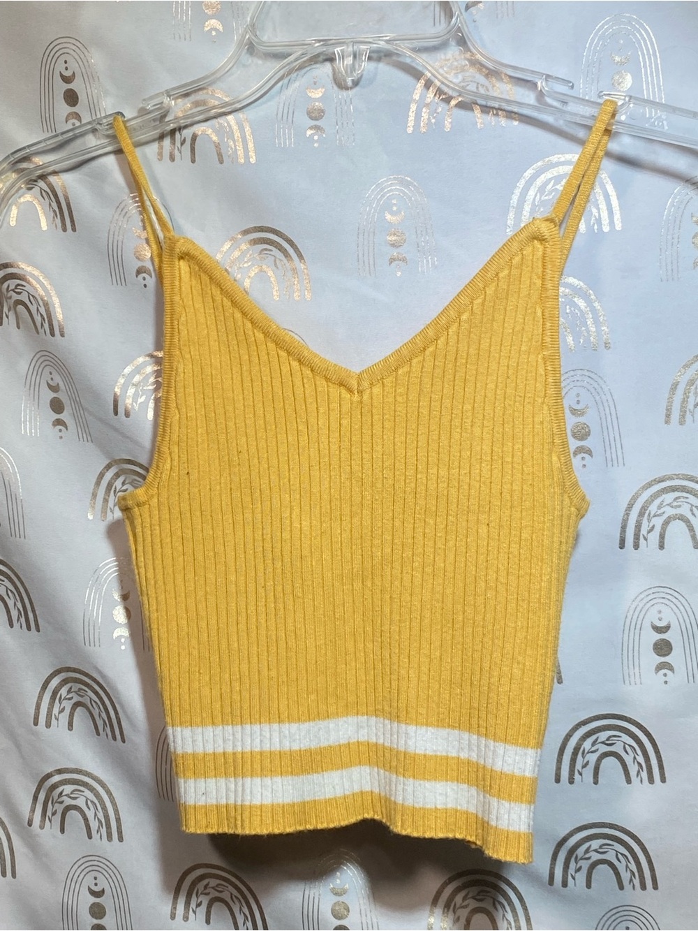 Forever 21 Yellow Ribbed V-Neck Strappy Cami with White Stripes